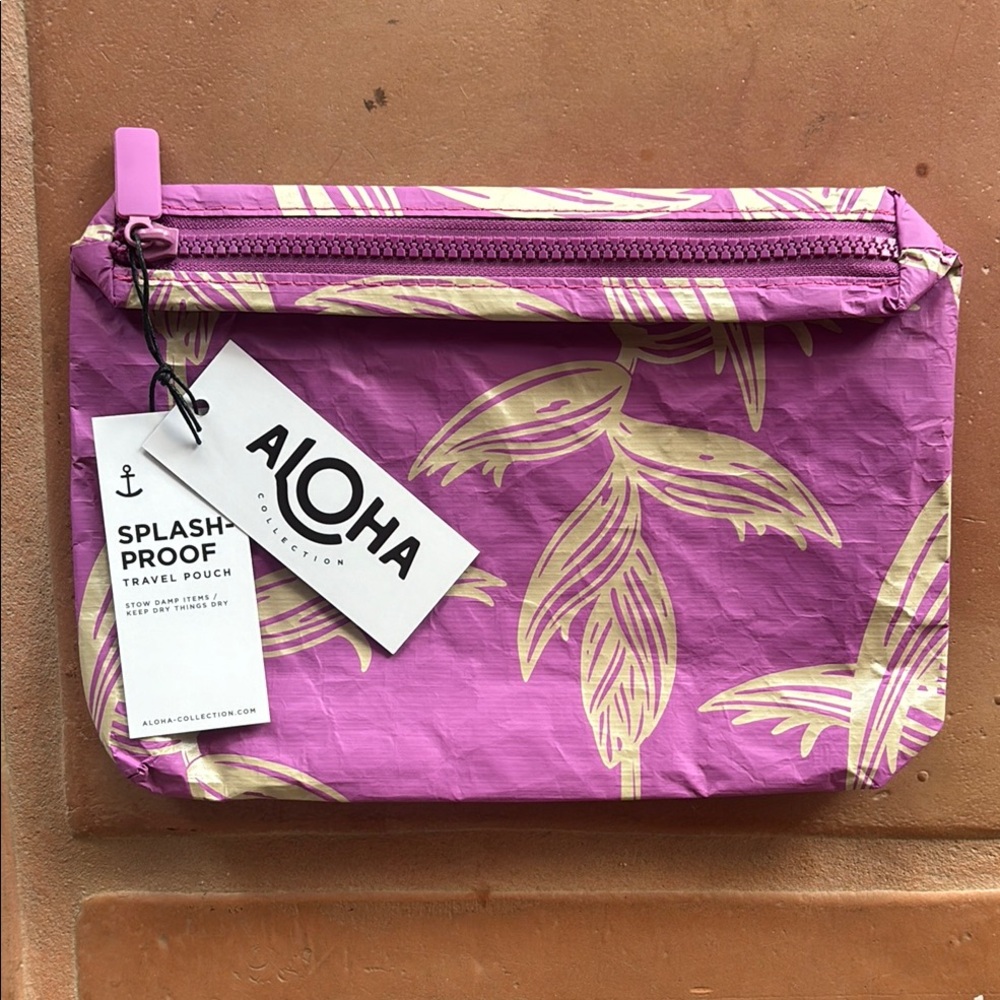 ALOHA Collection Purple Cosmetic Pouch with Leaf Design and Zipper Closure